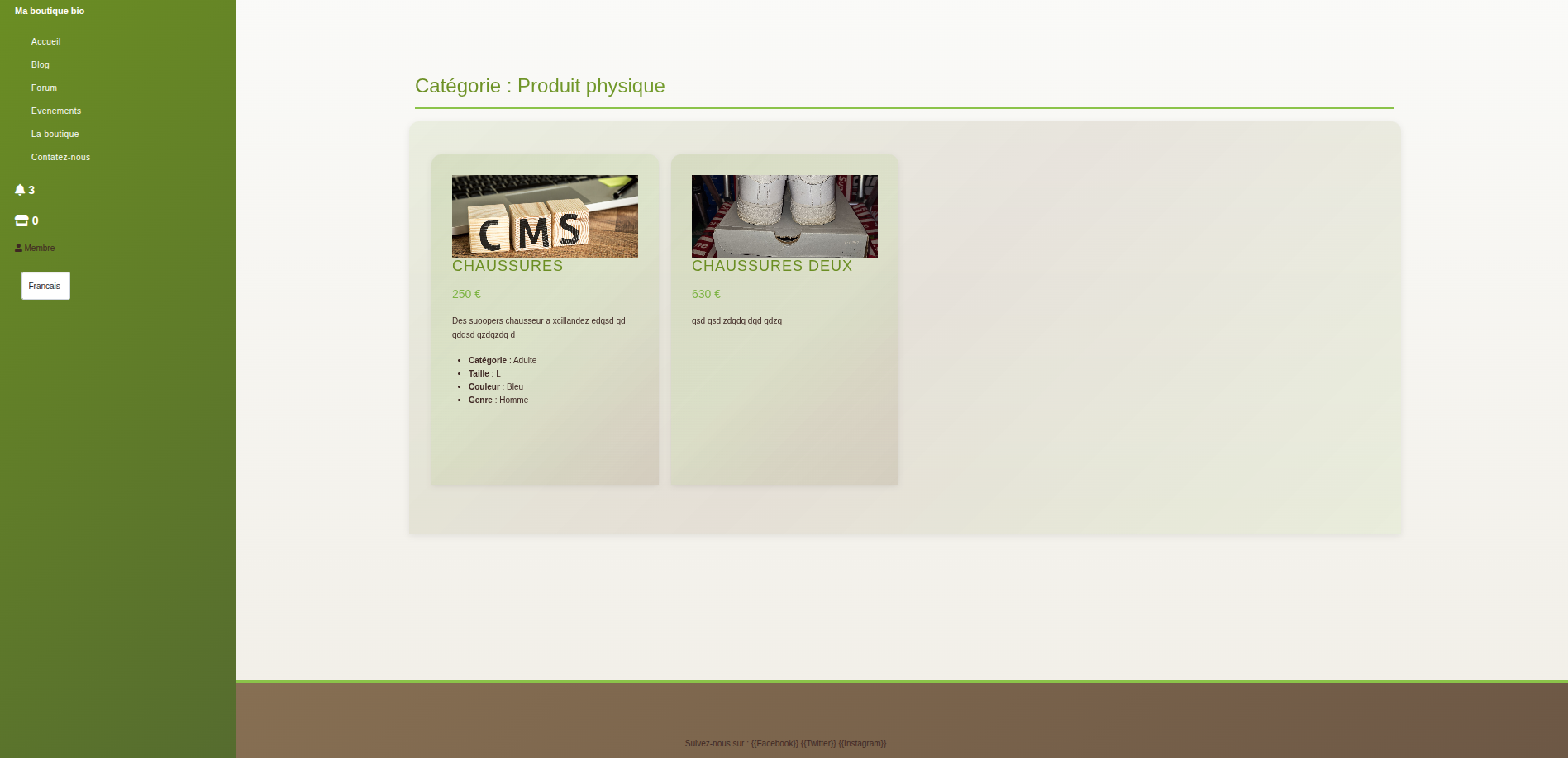 Aperçu du template de site pour ShopBio